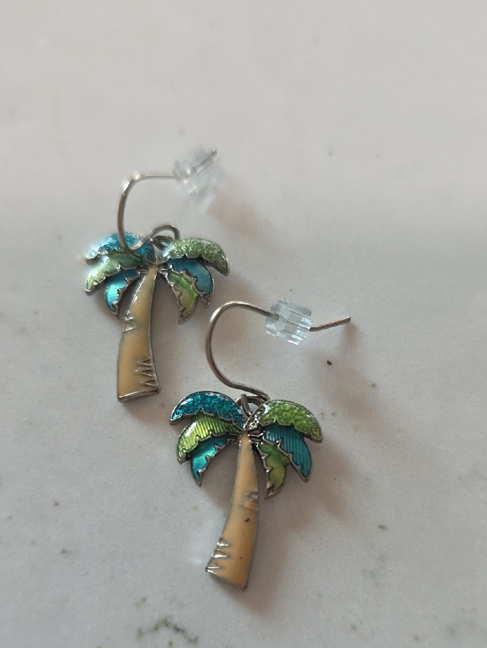 Enamel Palm Tree Drop Earrings in Teal, Lime & Cream